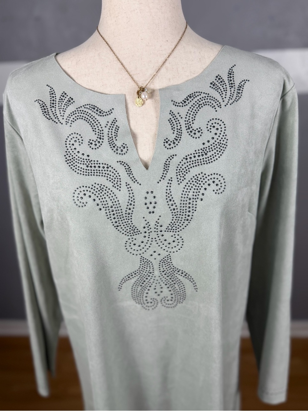 Soft Surroundings Sage Green Ambrosia Dress Faux Suede Embellishments. - Picture 4 of 7